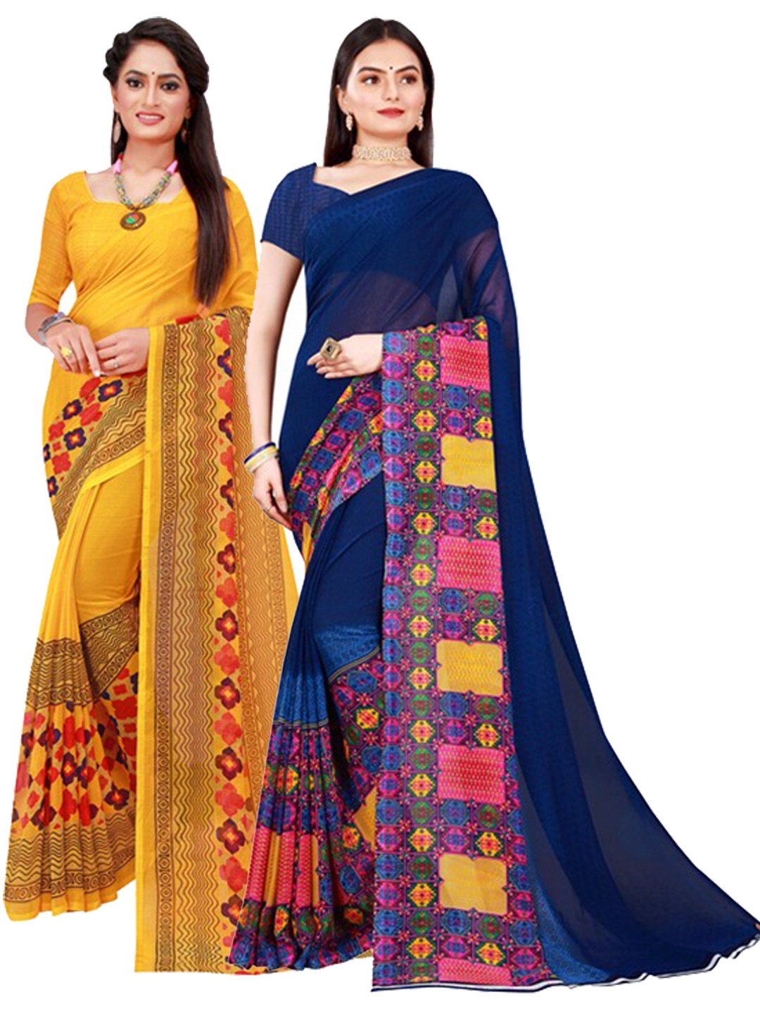 

SAADHVI Yellow & Navy Blue Set of 2 Pure Georgette Saree