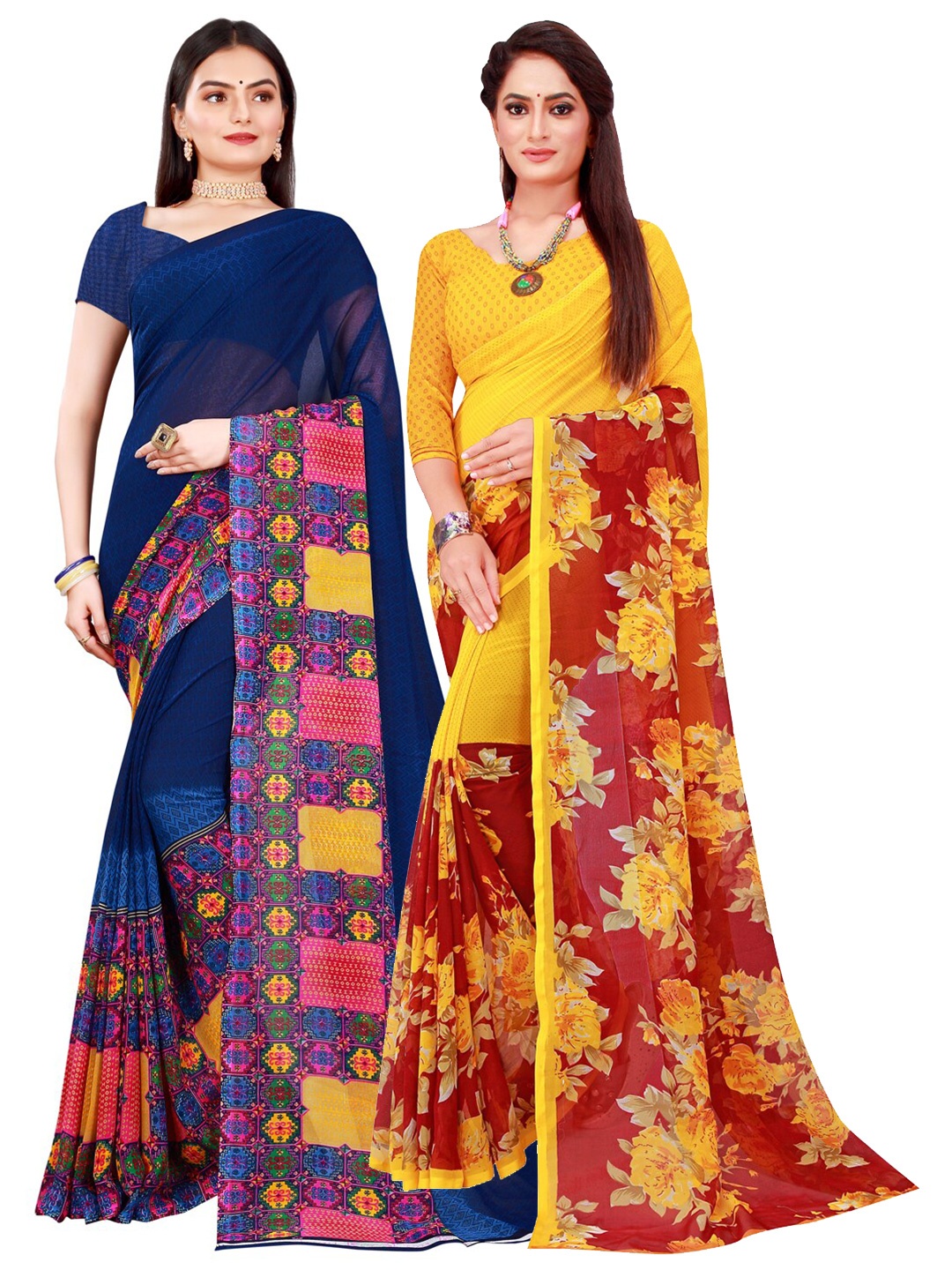 

SAADHVI Navy Blue & Yellow Set of 2 Pure Georgette Saree