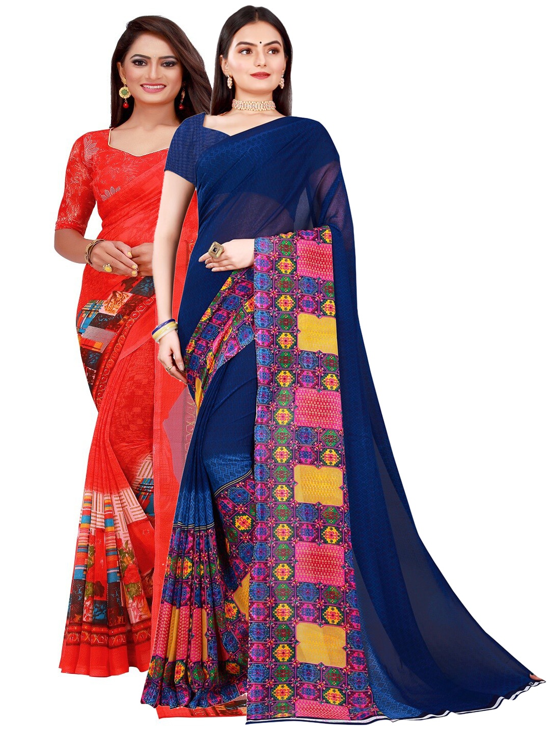 

SAADHVI Navy Blue & Red Set of 2 Pure Georgette Saree