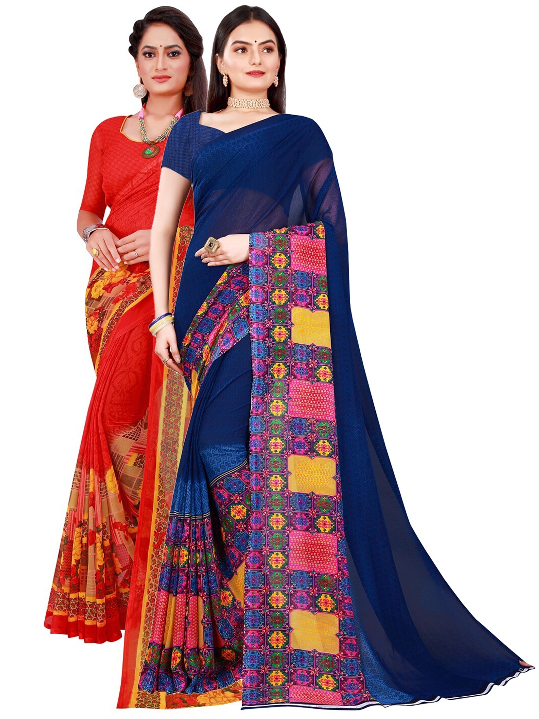 

SAADHVI Navy Blue & Red Set of 2 Pure Georgette Saree