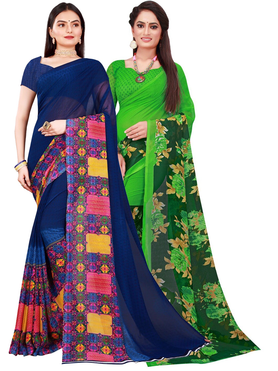 

SAADHVI Navy Blue & Green Set of 2 Pure Georgette Saree