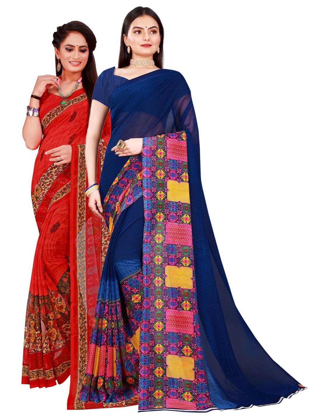 

SAADHVI Navy Blue & Red Pure Georgette Saree