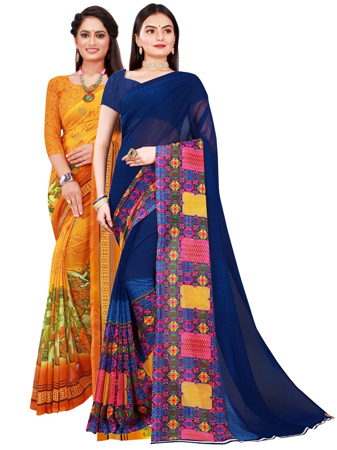 

SAADHVI Navy Blue & Yellow Set of 2 Pure Georgette Saree