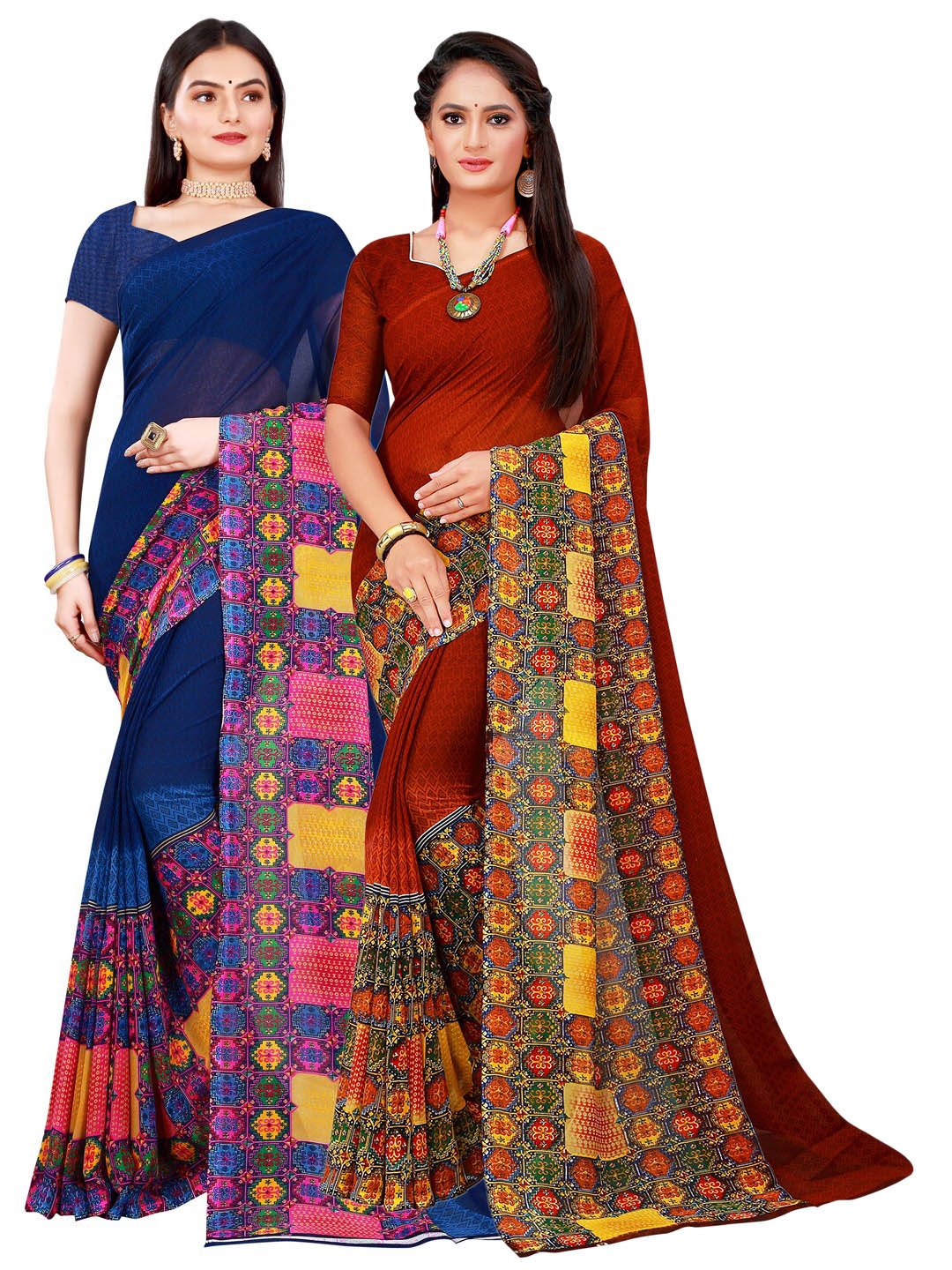 

SAADHVI Navy Blue & Brown Set of 2 Pure Georgette Saree