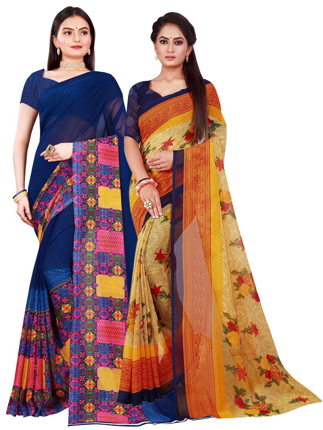 

SAADHVI Navy Blue & Beige Set of 2 Pure Georgette Saree