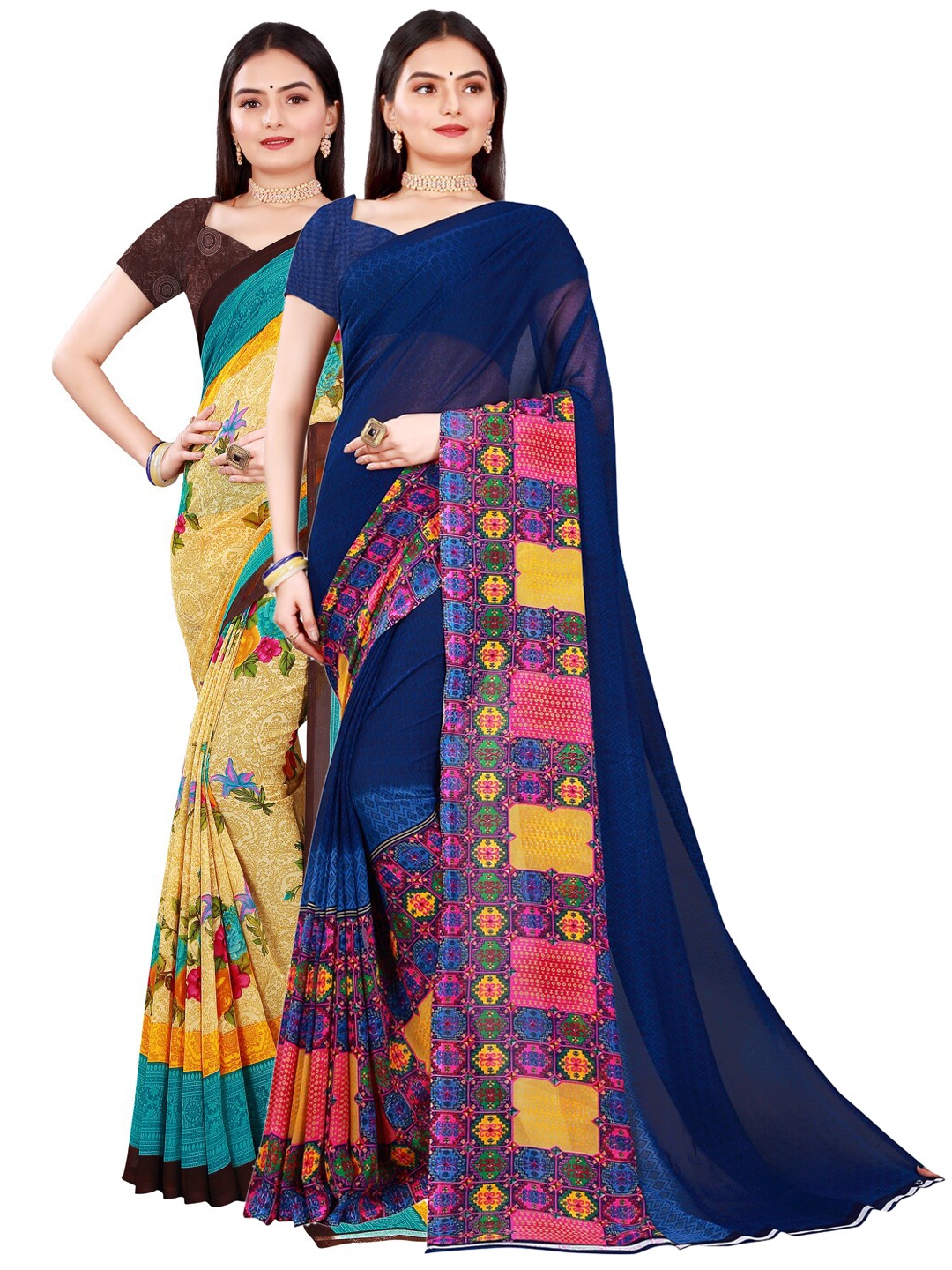 

SAADHVI Beige & Navy Blue Set of 2 Pure Georgette Saree