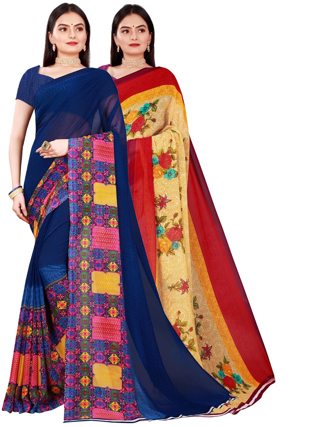 

SAADHVI Beige & Navy Blue Set of 2 Pure Georgette Saree