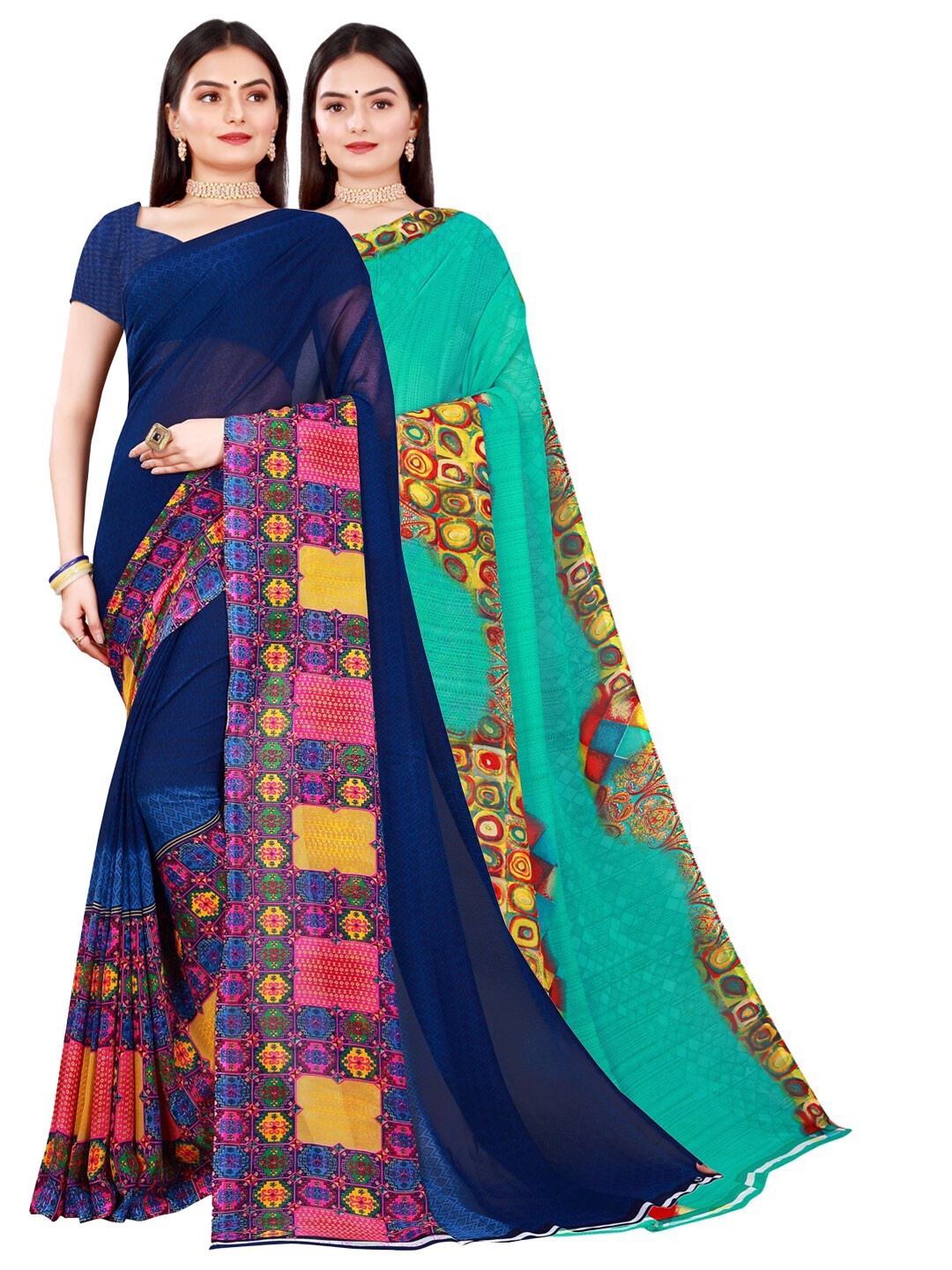 

SAADHVI Navy Blue & Green Set of 2 Pure Georgette Saree