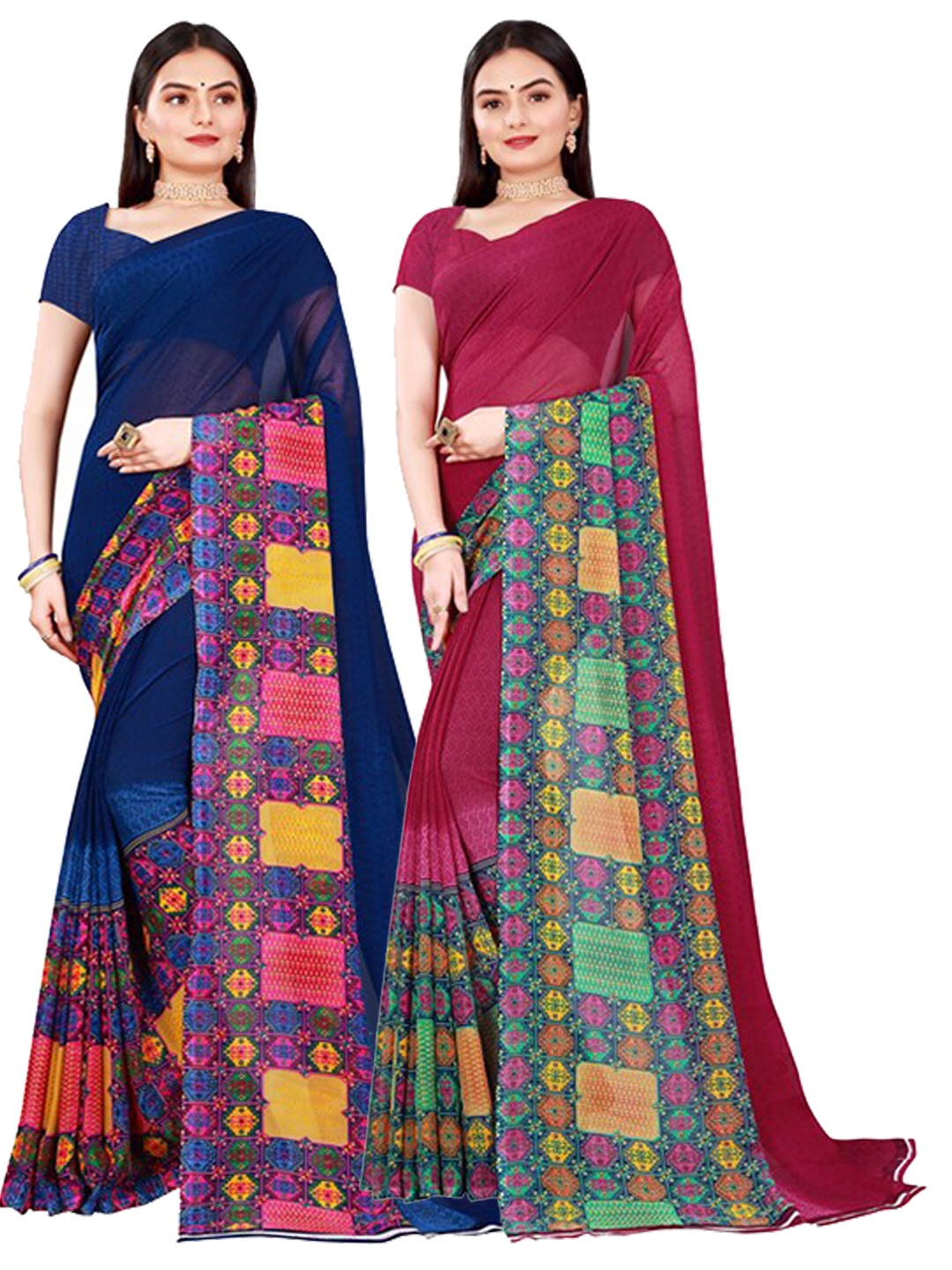 

SAADHVI Navy Blue & Maroon Set of 2 Pure Georgette Saree