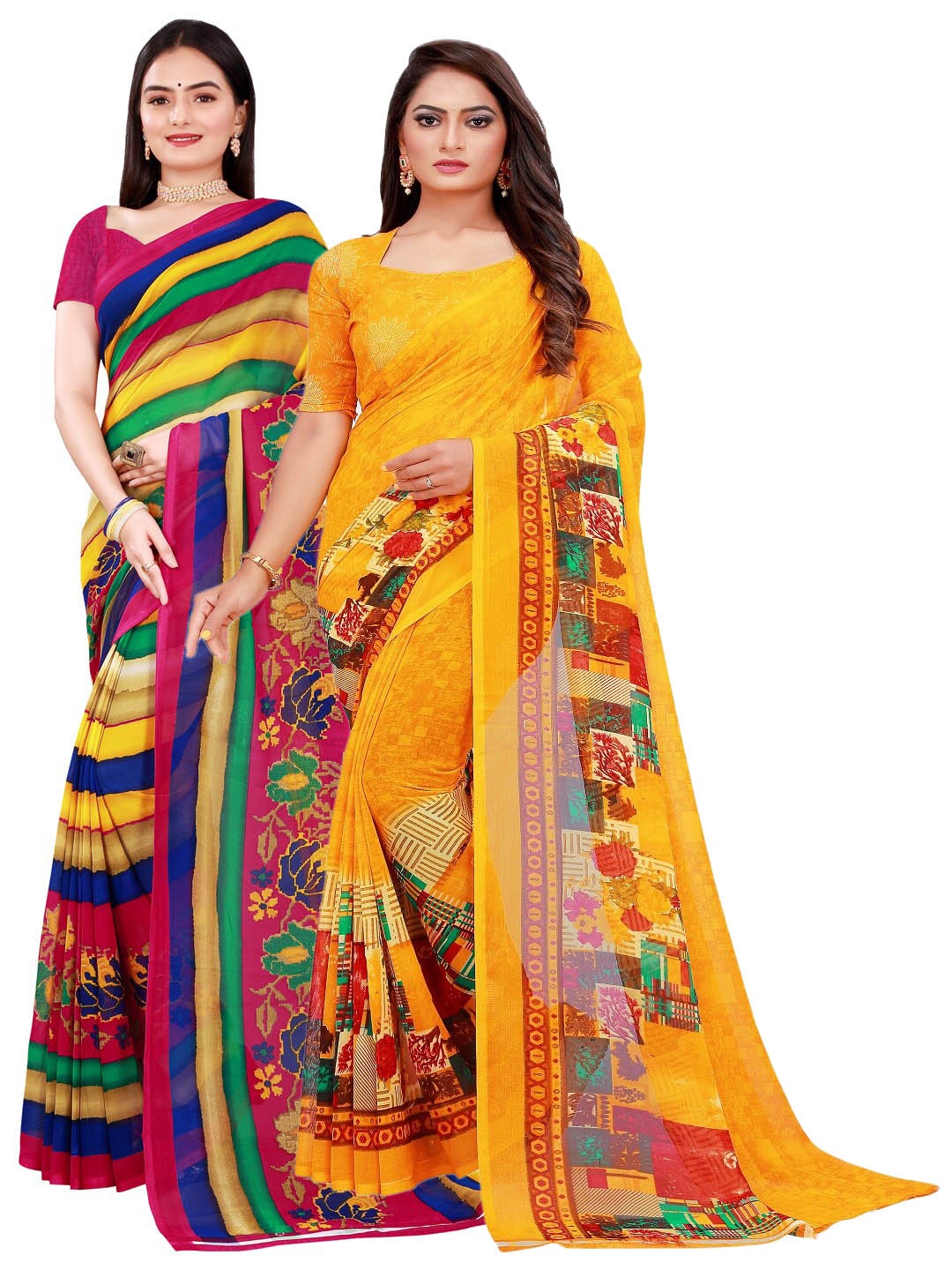 

Florence Navy Pink & Yellow Set of 2 Pure Georgette Saree, Navy blue
