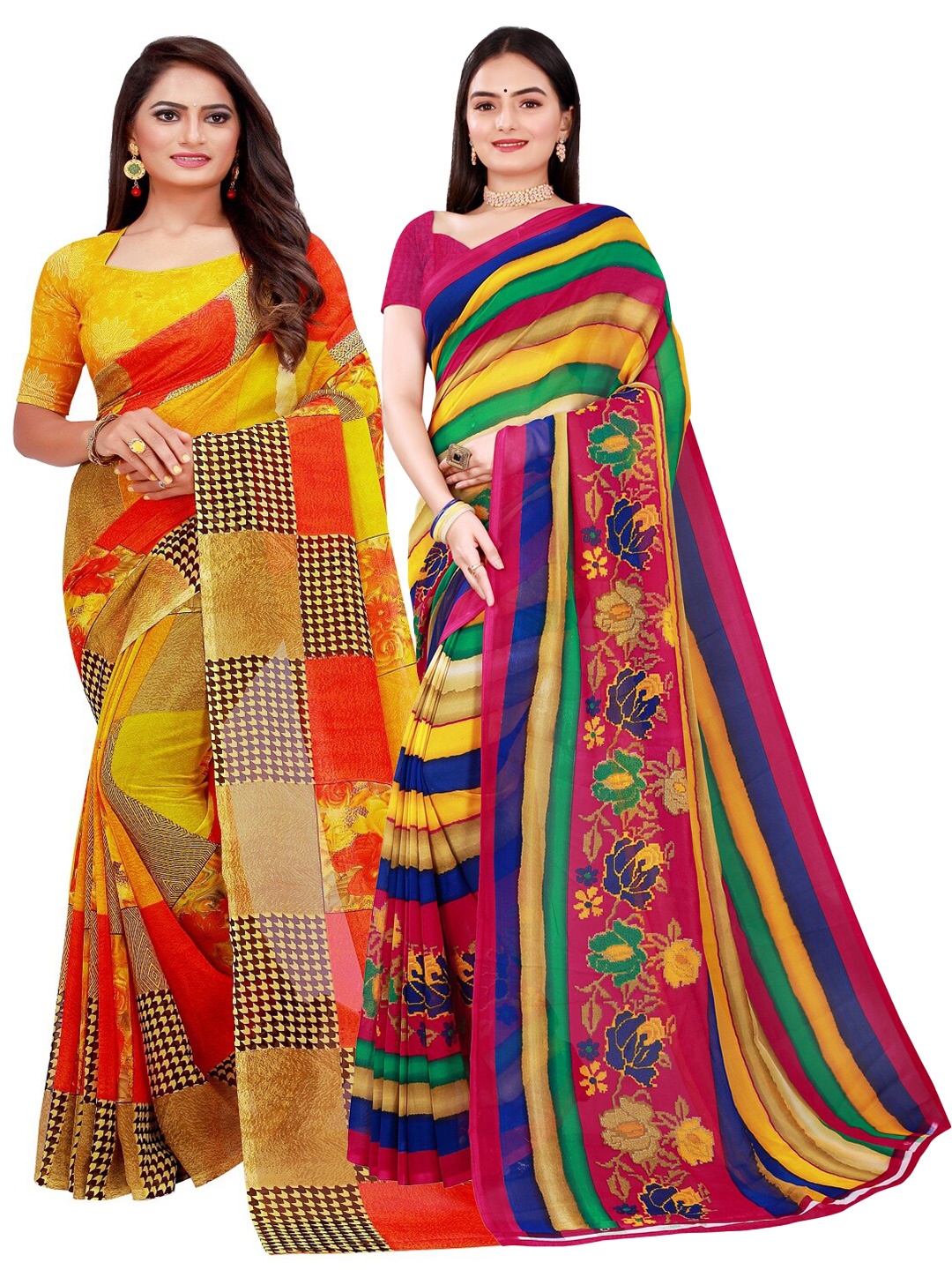 

Florence Green & Yellow Set of 2 Pure Georgette Saree