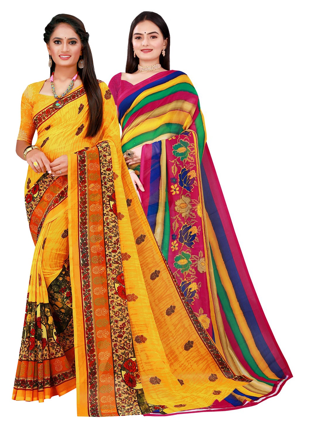 

Florence Yellow & Pink Set of 2 Pure Georgette Saree