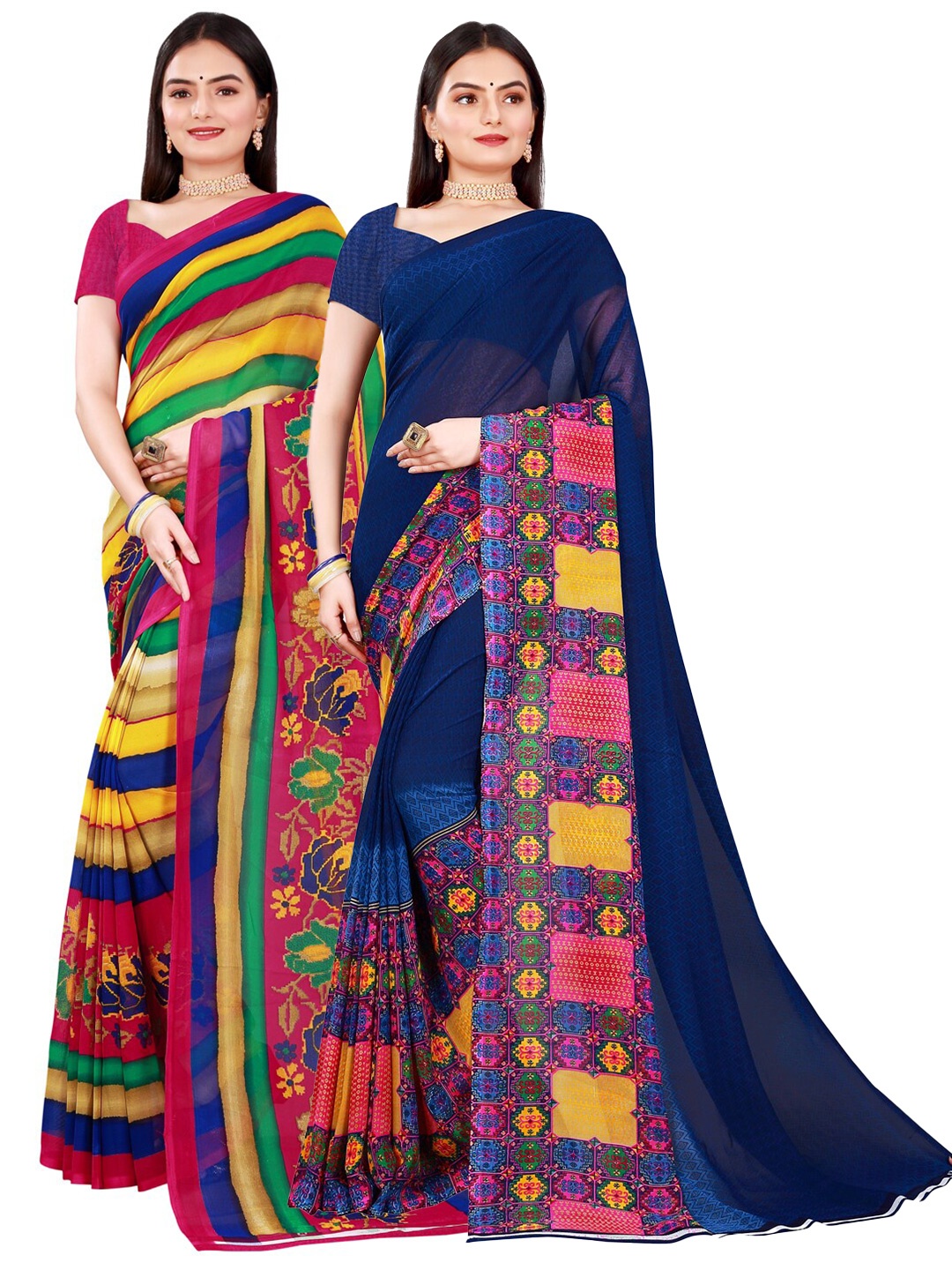 

Florence Navy Blue & Yellow Set of 2 Pure Georgette Saree