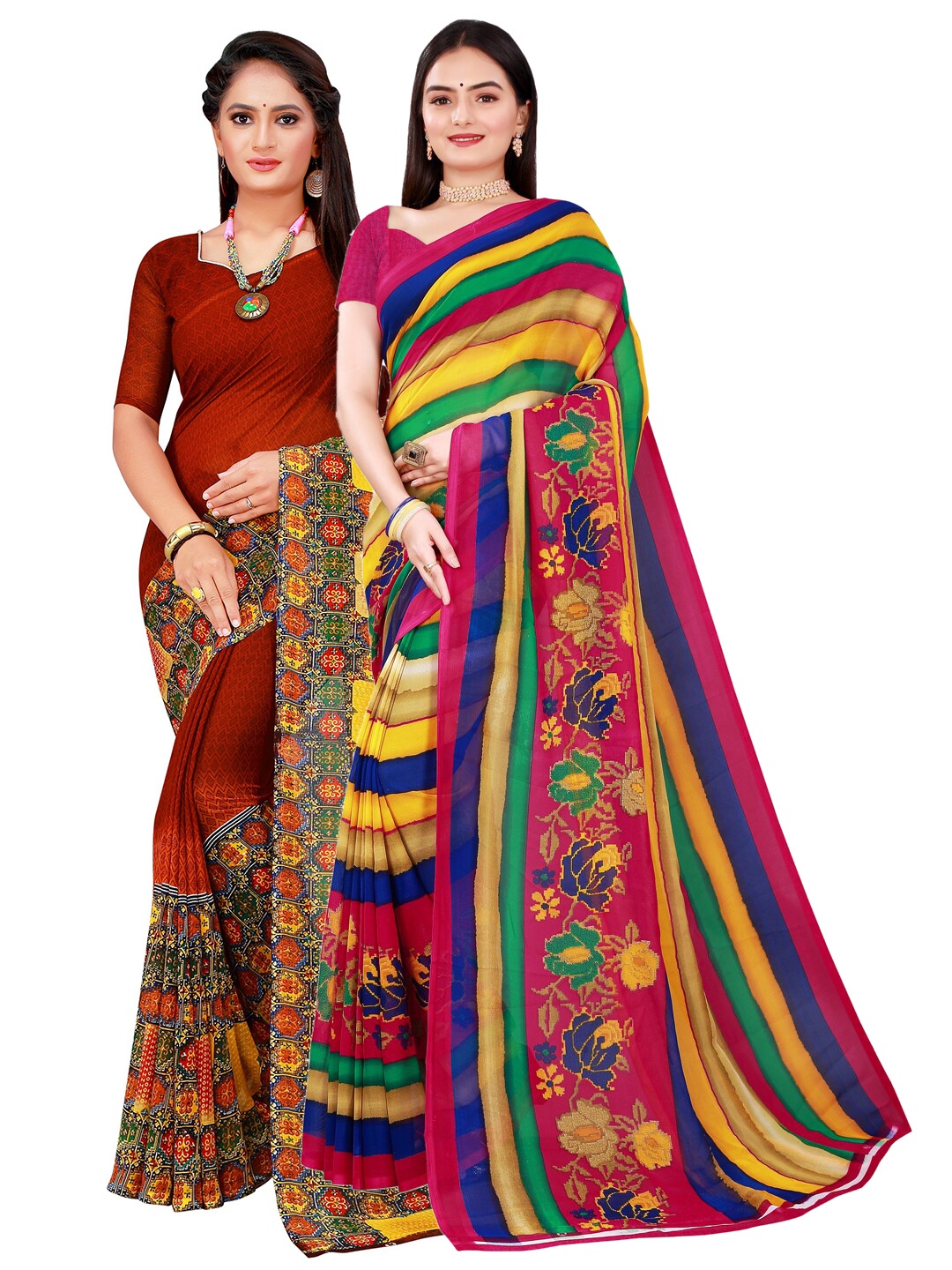 

Florence Brown & Navy Blue Set of 2 Pure Georgette Saree