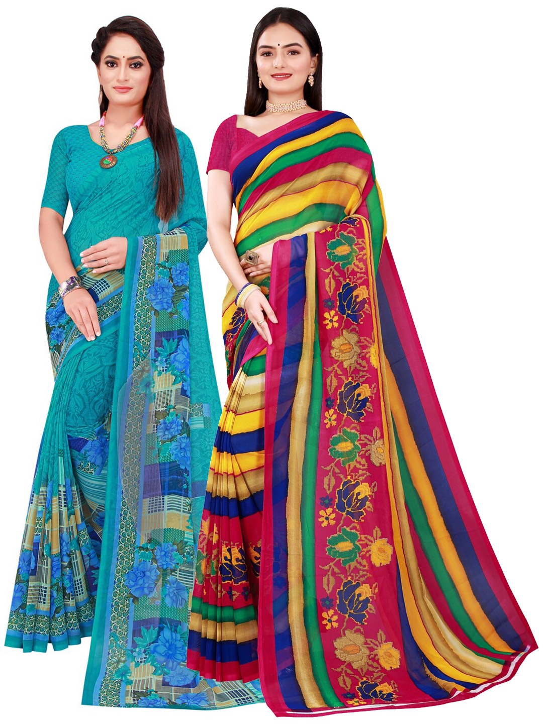 

Florence Turquoise Blue & Green Set of 2 Pure Georgette Saree