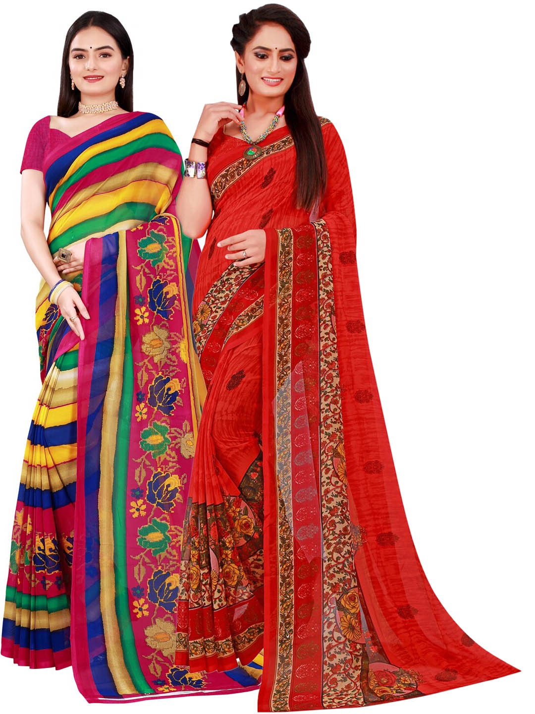 

Florence Navy Blue & Red Set of 2 Pure Georgette Saree