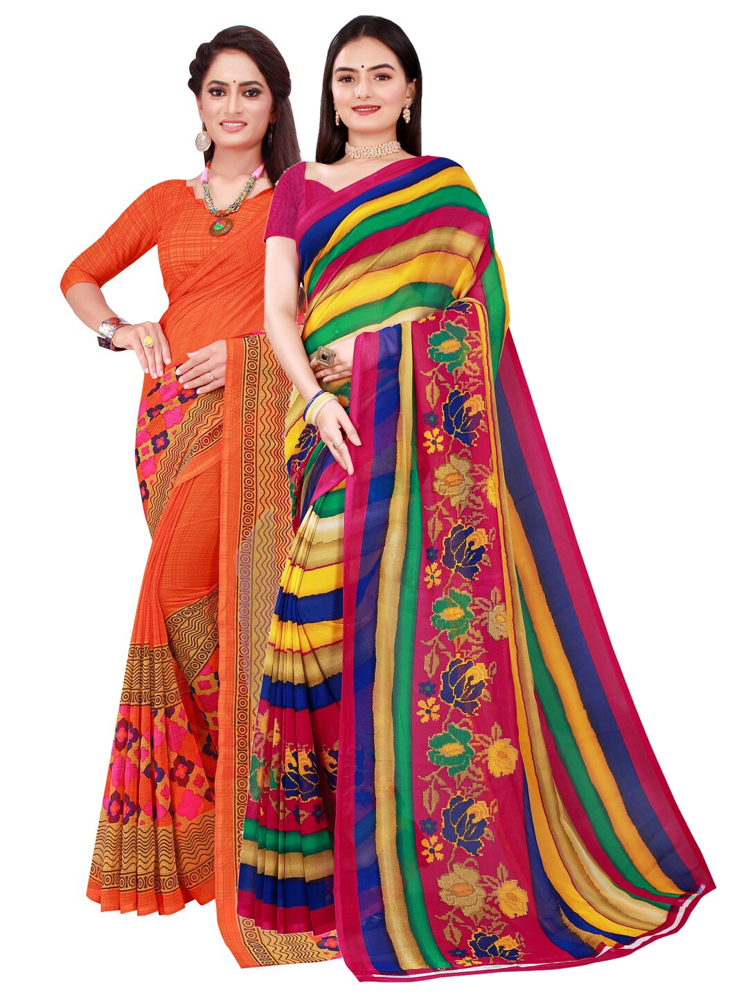Florence Orange & Green Set of 2 Pure Georgette Saree