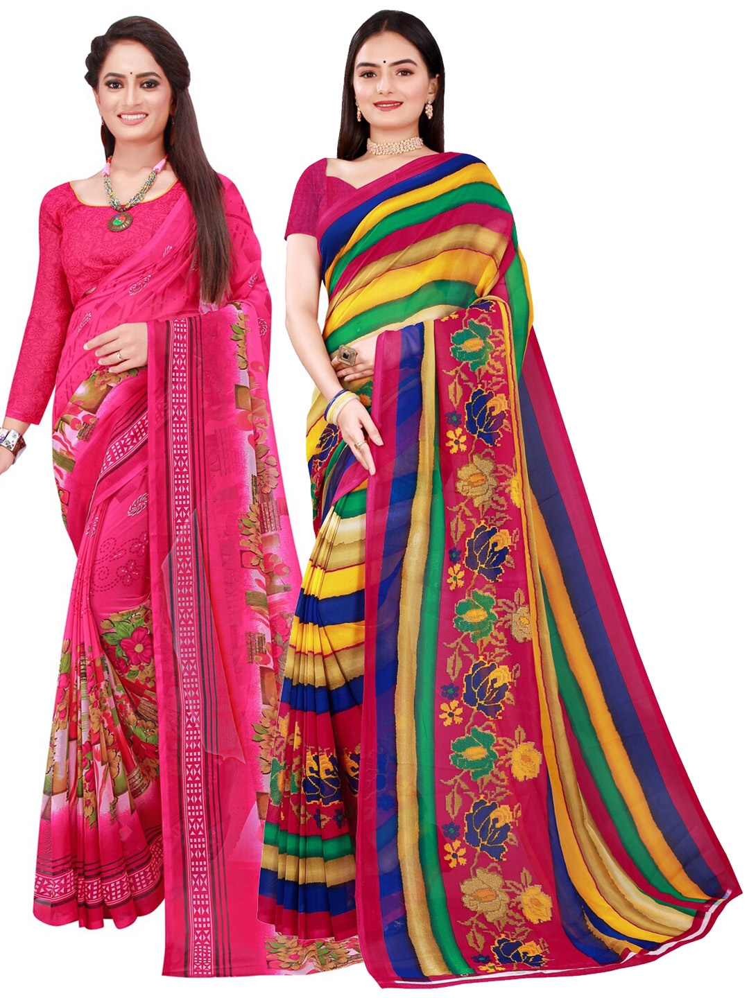 

Florence Pink & Blue Pure Set of 2 Georgette Saree
