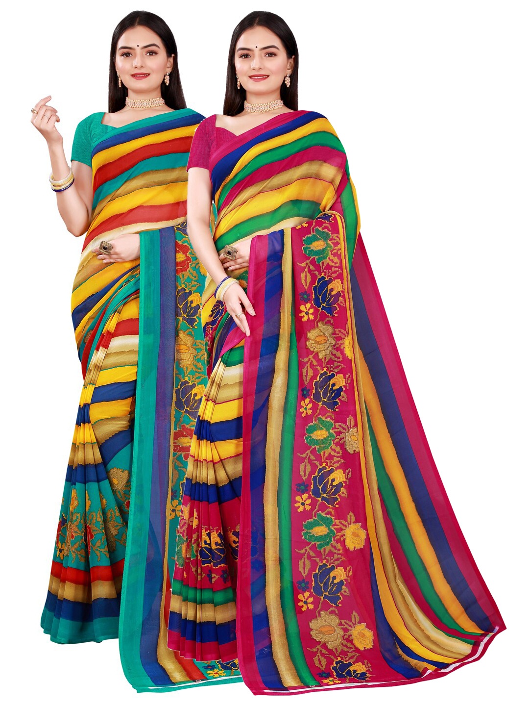 

Florence Green & Yellow Set of 2 Pure Georgette Saree