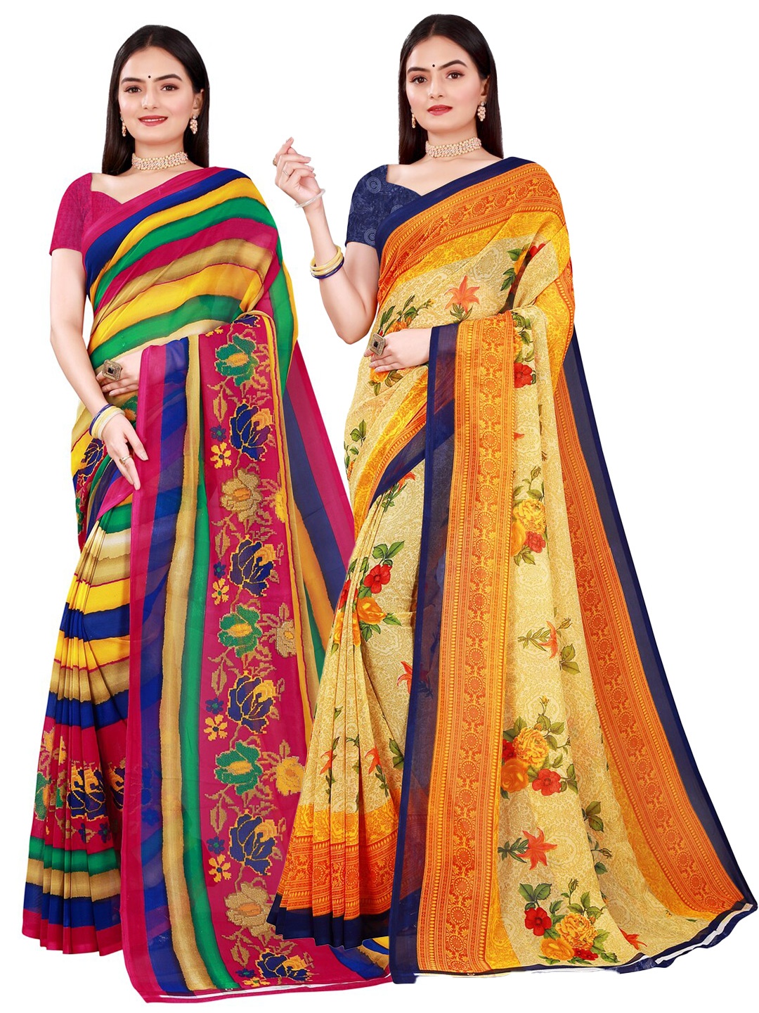 

Florence Beige & Navy Blue Set of 2 Pure Georgette Saree