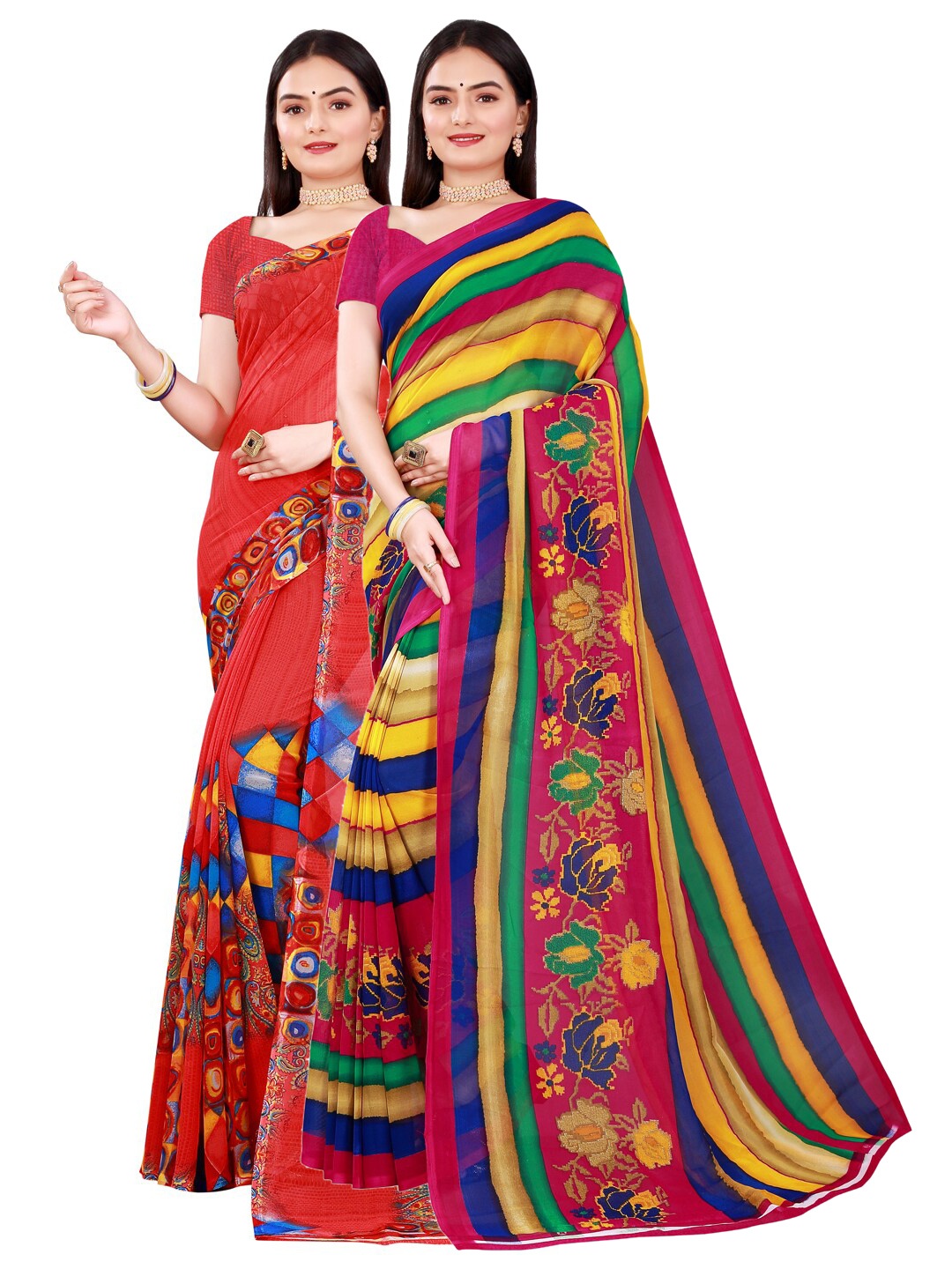 

Florence Pack Of 2 Women Red & Multicolored Pure Georgette Saree With Unstitched Blouse, Multi
