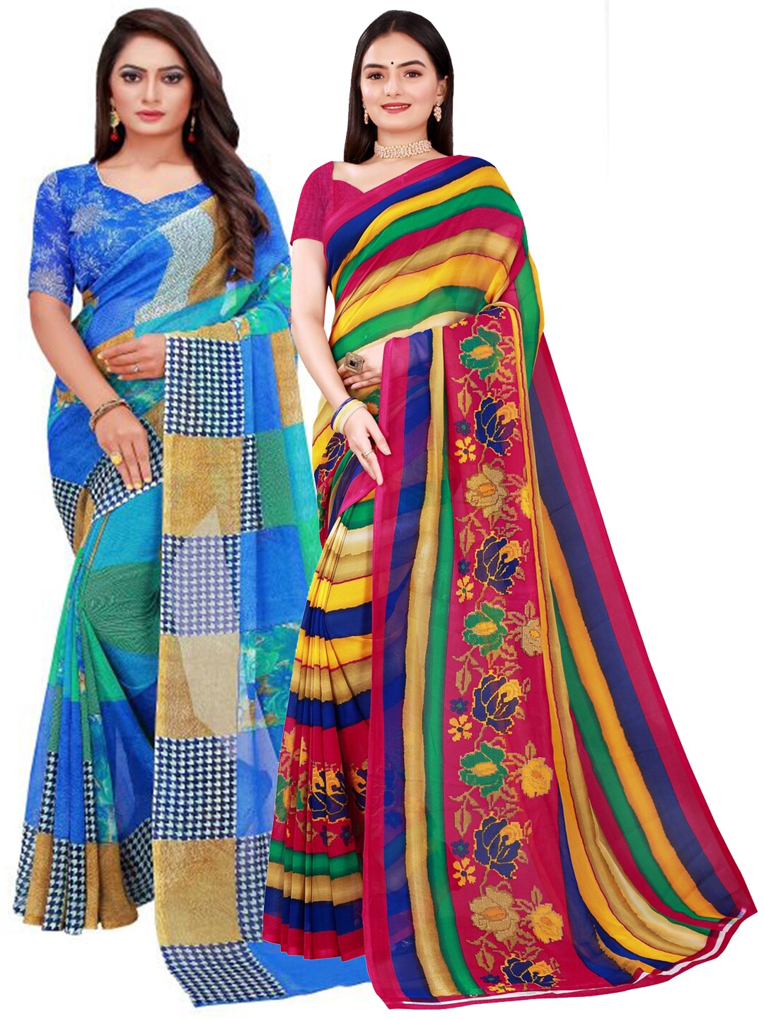 Florence Pack of 2 Blue & Pink Printed Saree