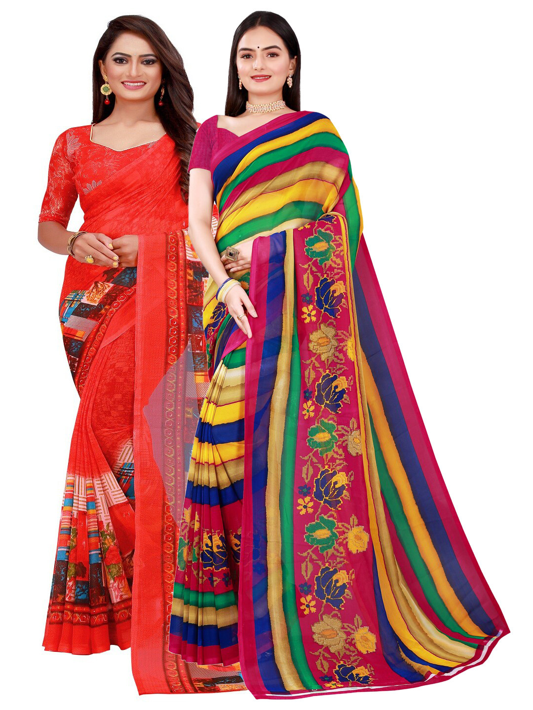 

Florence Red & Blue Set of 2 Pure Georgette Saree