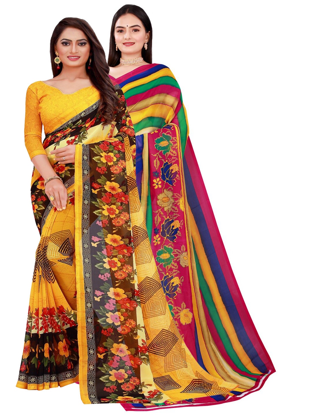 

Florence Yellow & Blue Set of 2 Pure Georgette Saree