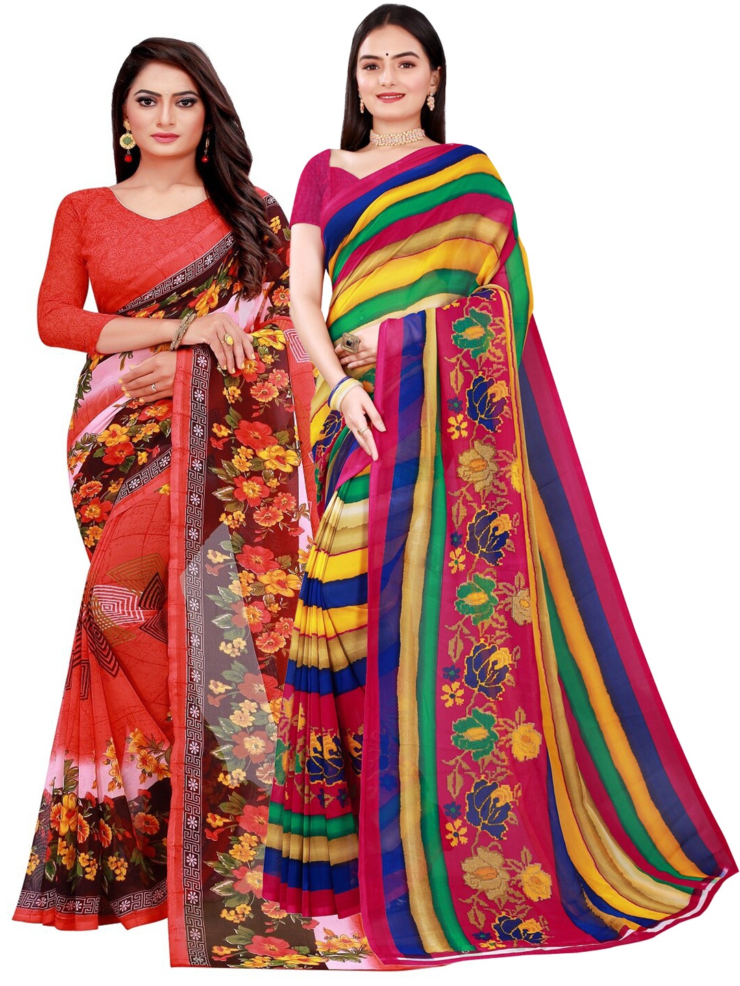 

Florence Navy Blue & Red Set of 2 Pure Georgette Saree