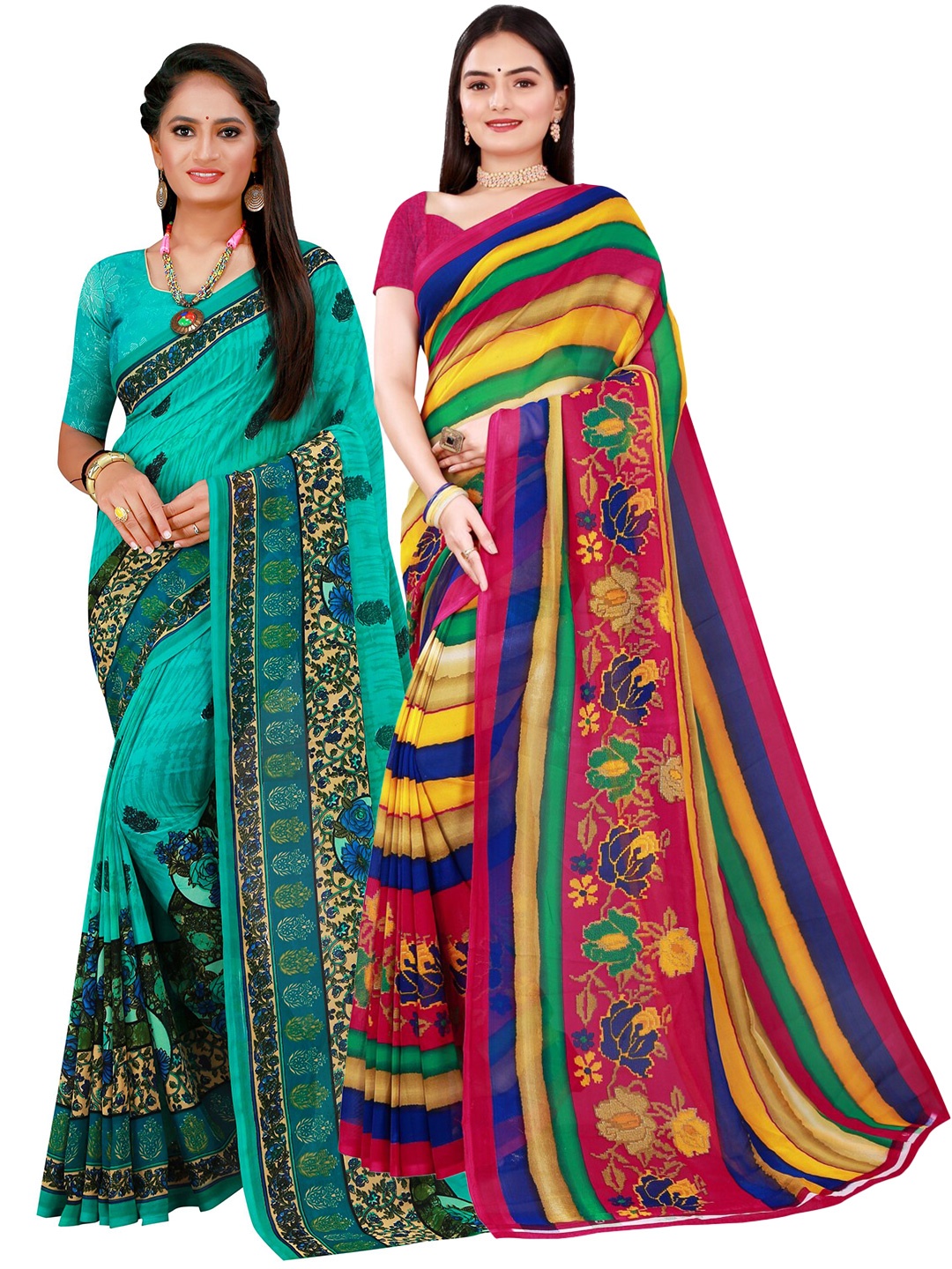 

Florence Green & Pink Set of 2 Pure Georgette Saree