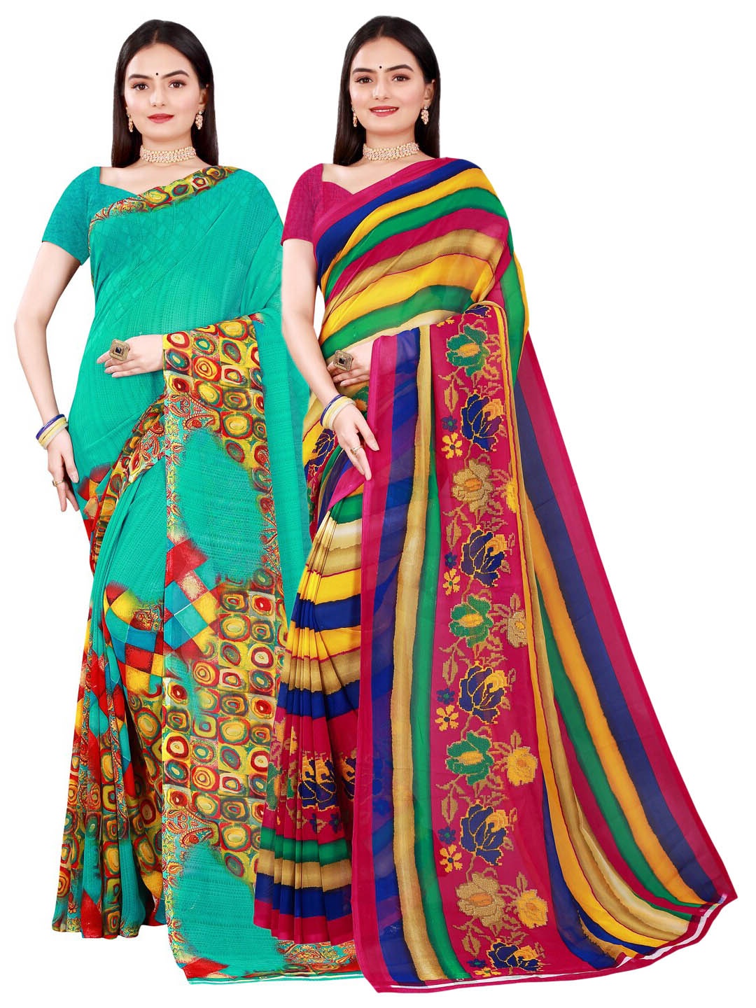 

Florence Green & Yellow Set of 2 Pure Georgette Saree