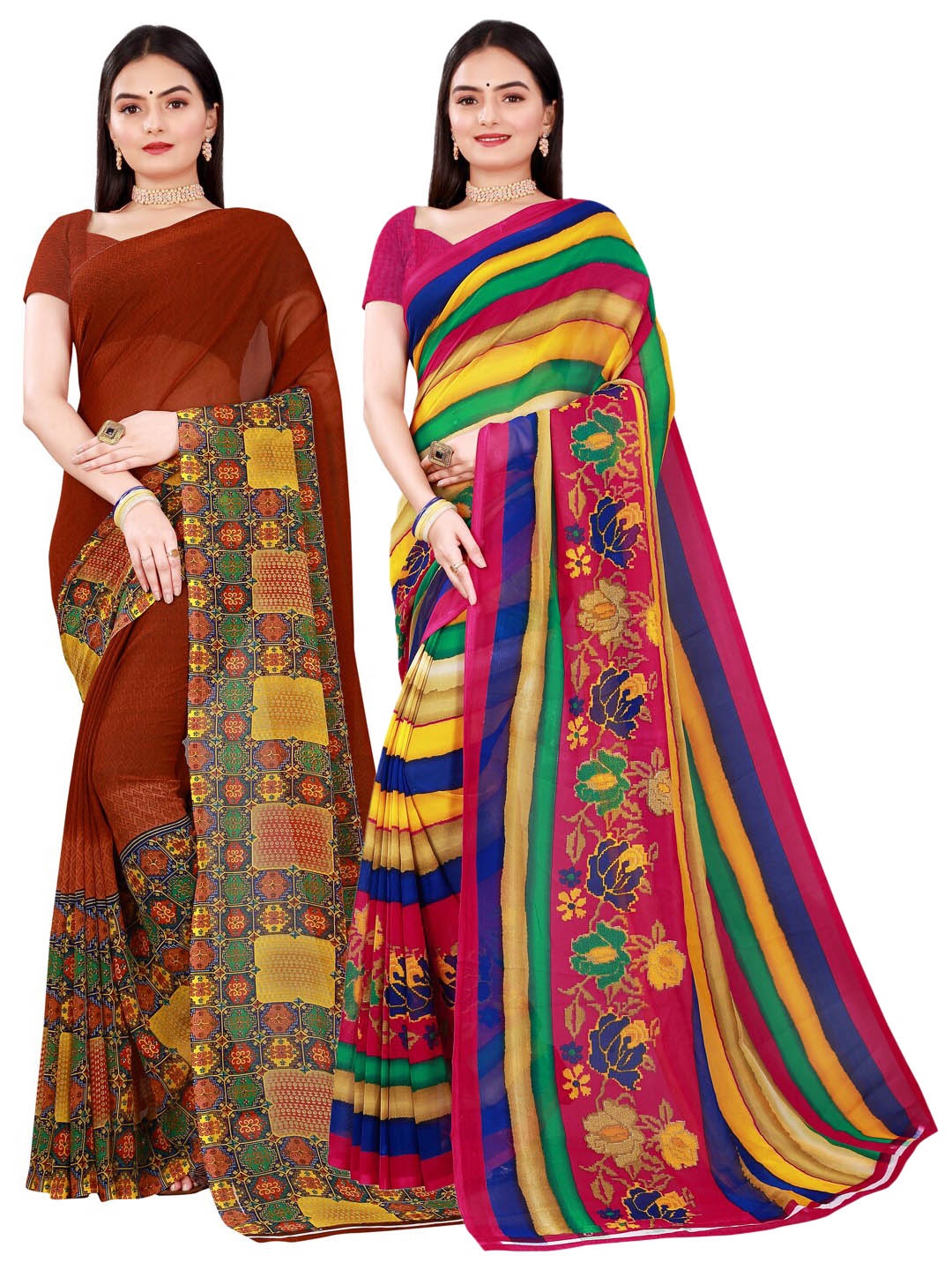 

Florence Brown & Pink Set of 2 Pure Georgette Saree