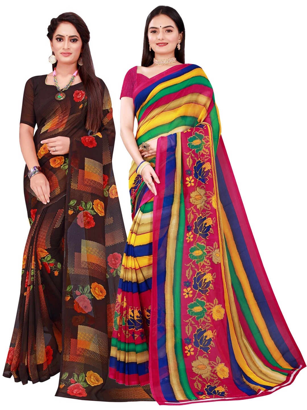 

Florence Brown & Pink Set of 2 Pure Georgette Saree