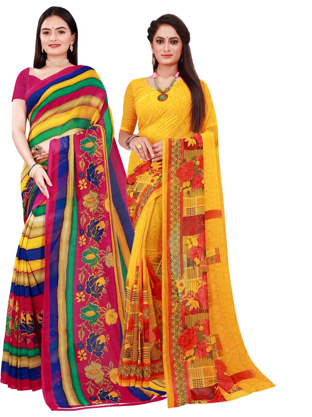 

Florence Yellow & Pink Set of 2 Pure Georgette Saree