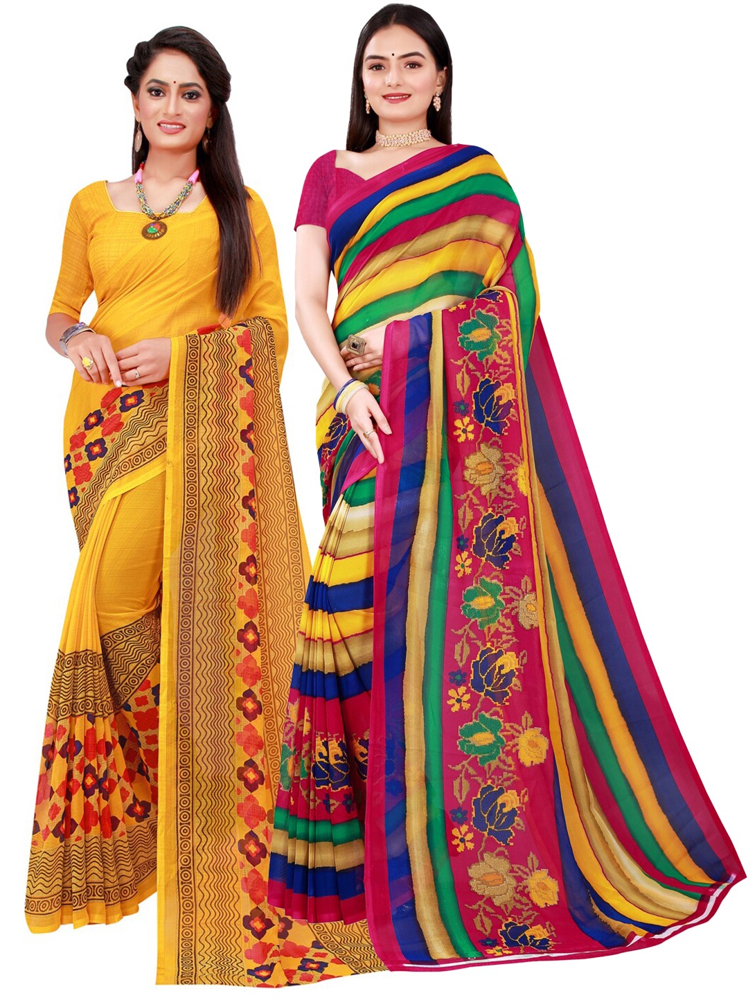 

Florence Yellow & Pink Set of 2 Pure Georgette Saree