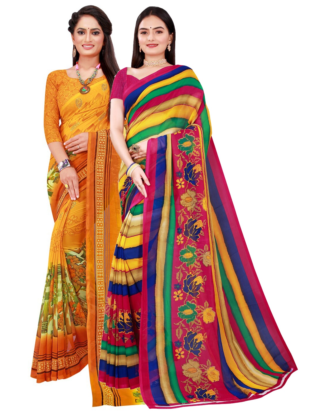 

Florence Yellow & Pink Set of 2 Pure Georgette Saree