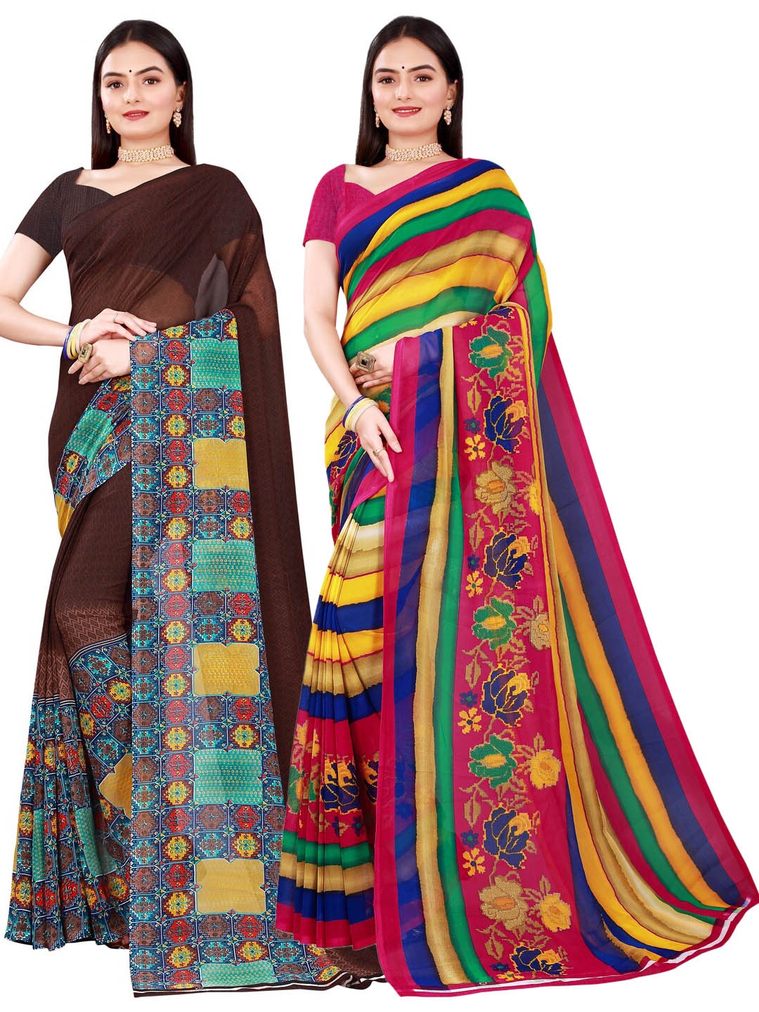 Florence Brown & Blue Set of 2 Pure Georgette Saree