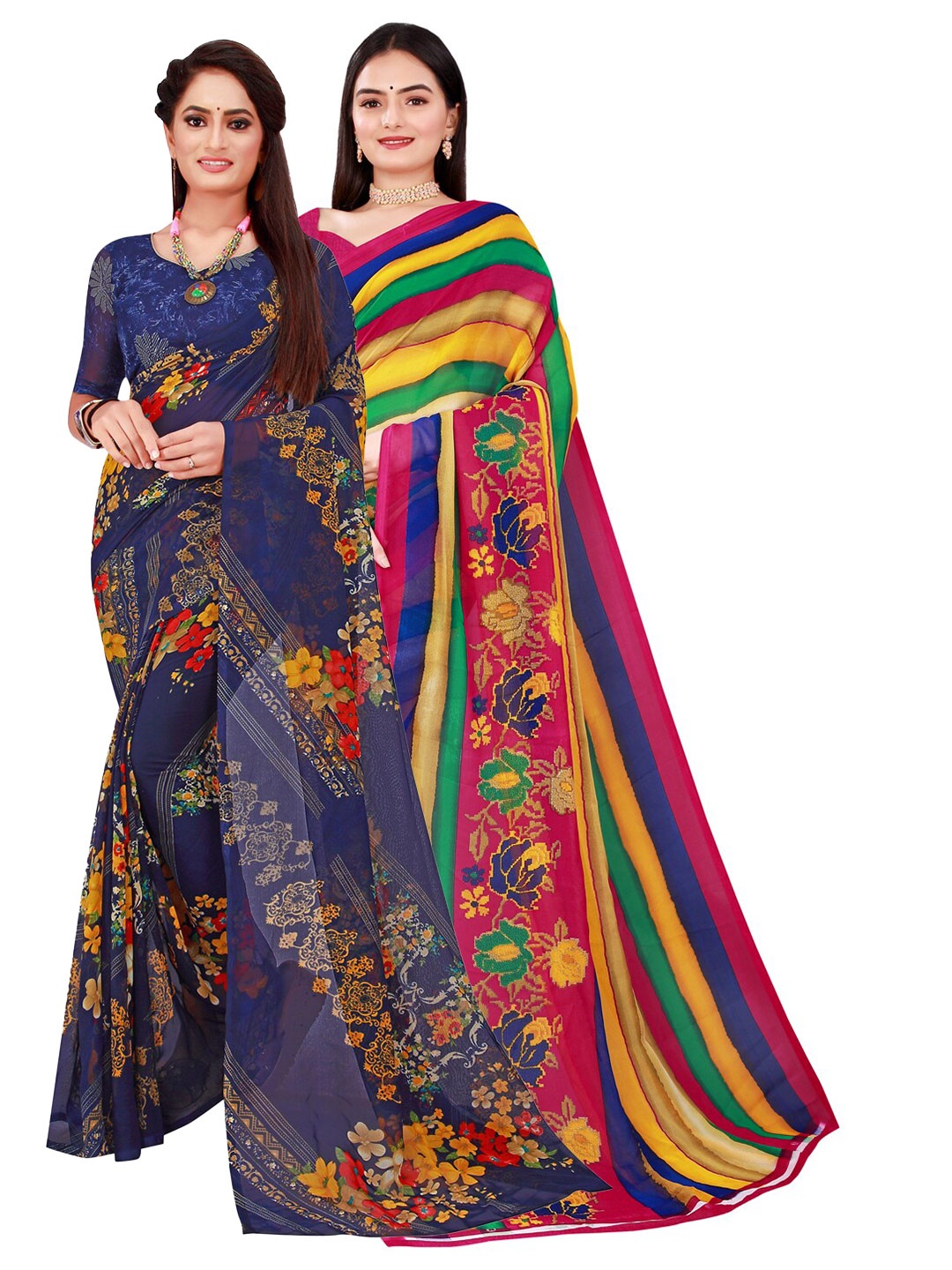 

Florence Navy Blue & Yellow Set of 2 Pure Georgette Saree