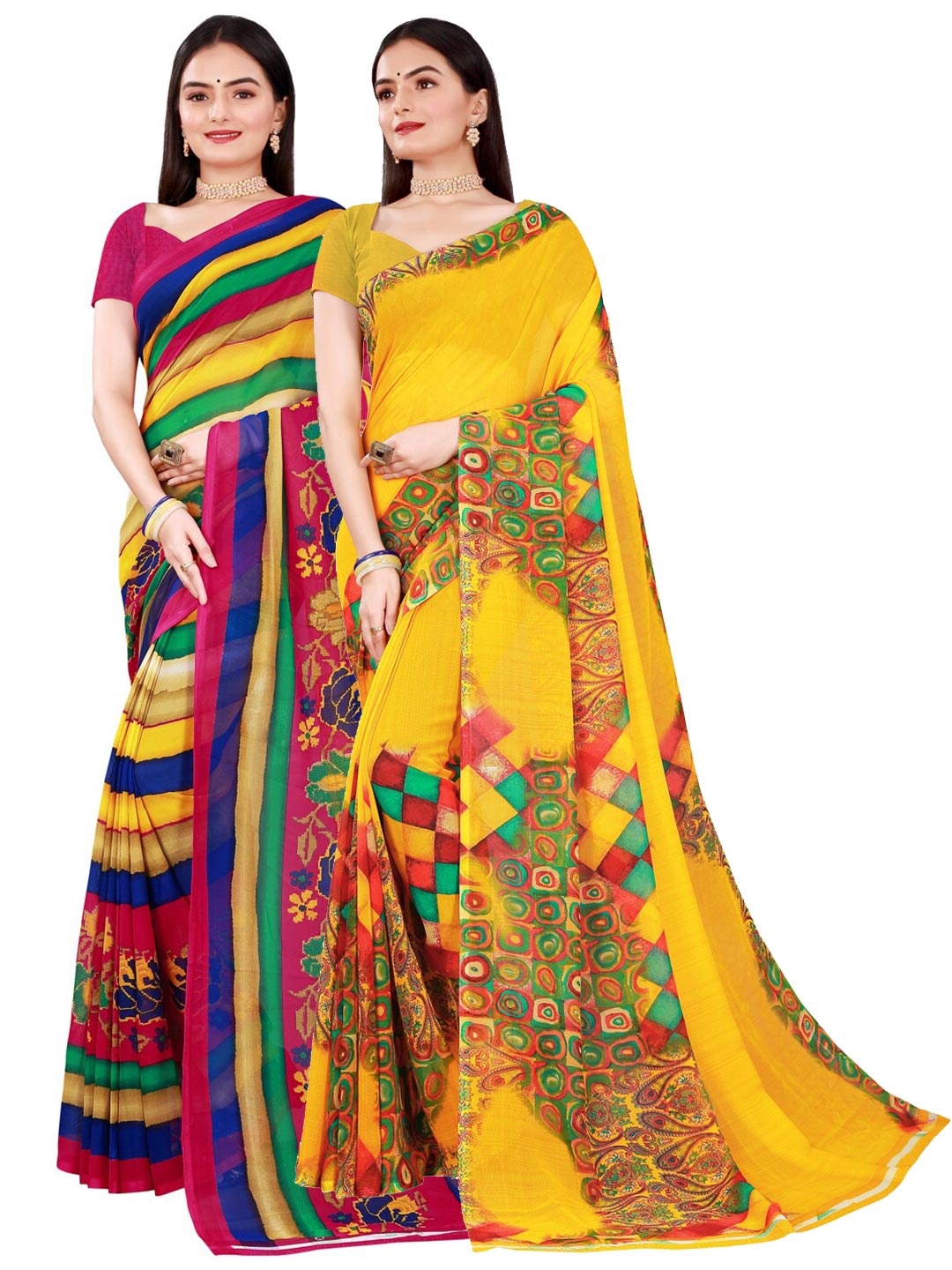 

Florence Yellow & Pink Set of 2 Pure Georgette Saree