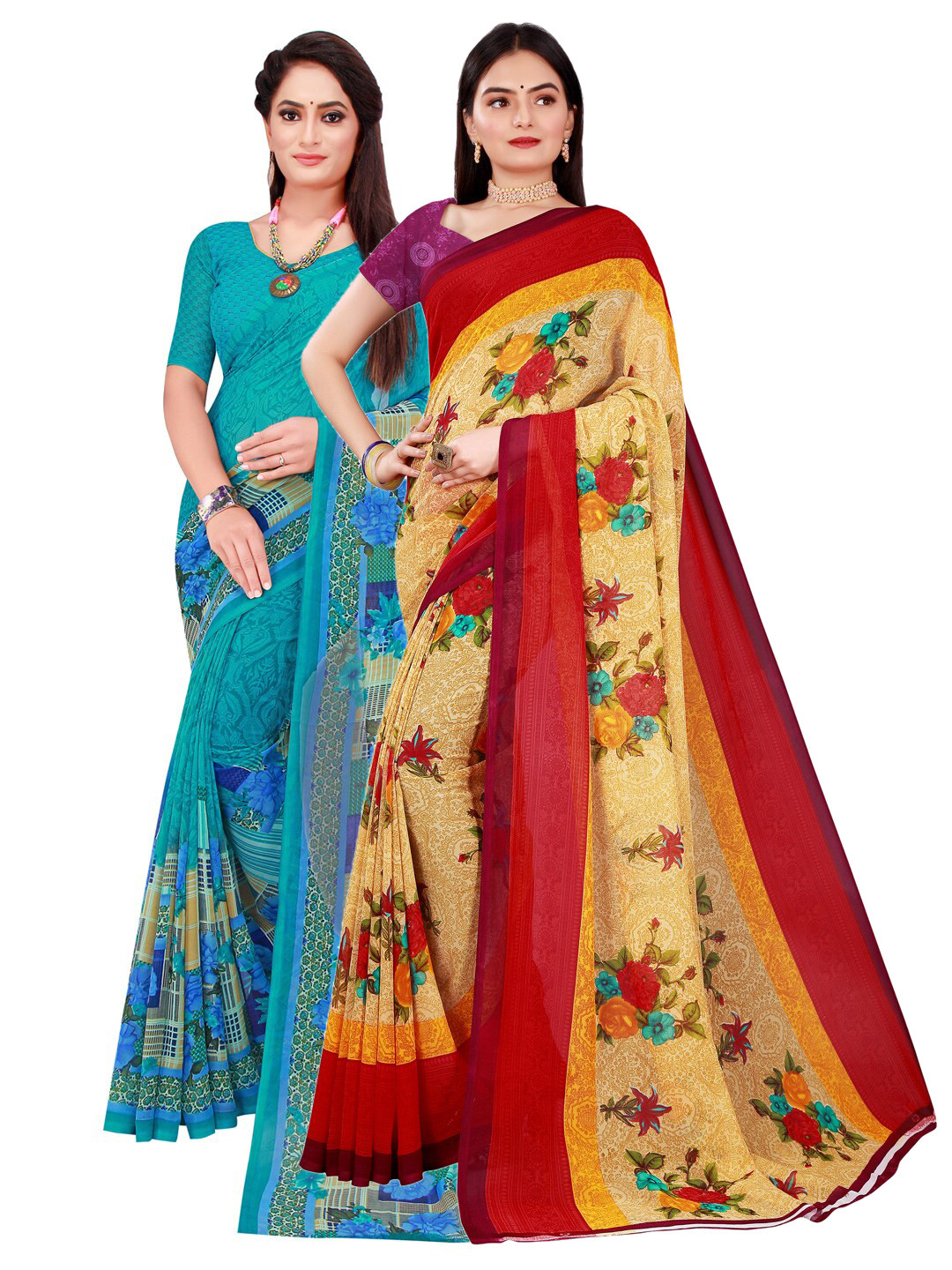 

Florence Beige & Turquoise Blue Set of 2 Pure Georgette Saree