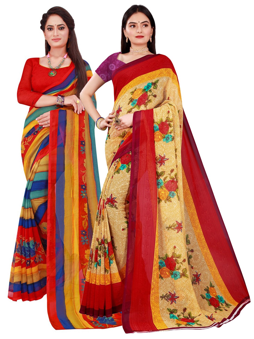 

Florence Beige & Red Set of 2 Pure Georgette Saree