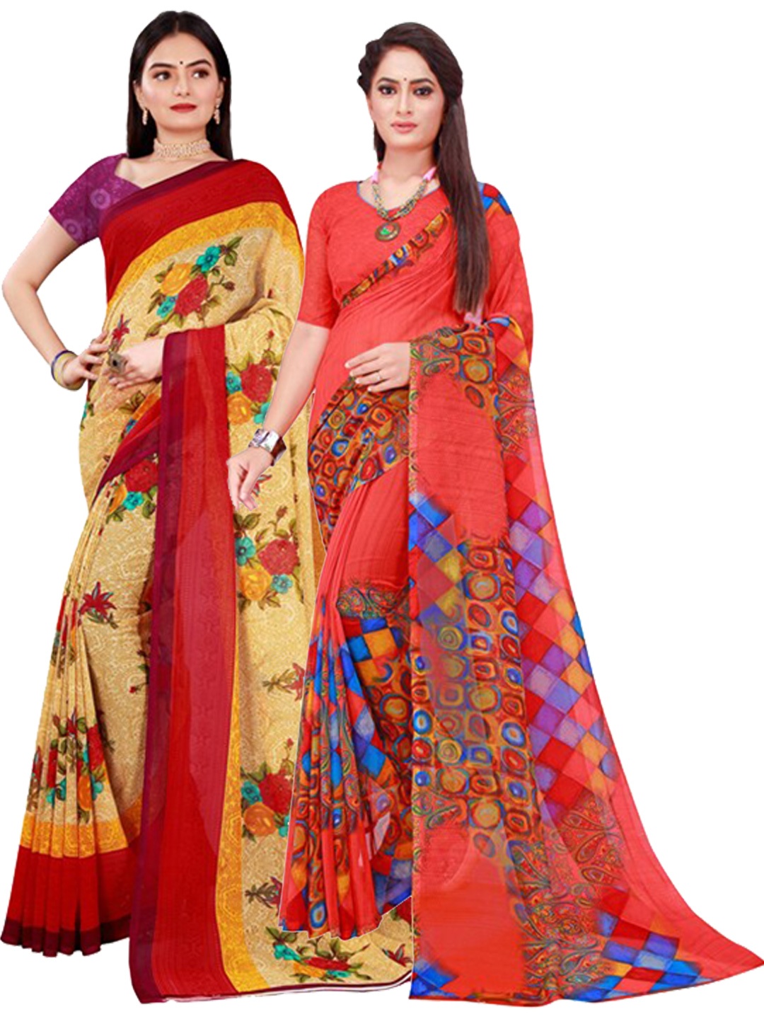 

Florence Beige & Red Set of 2 Pure Georgette Saree