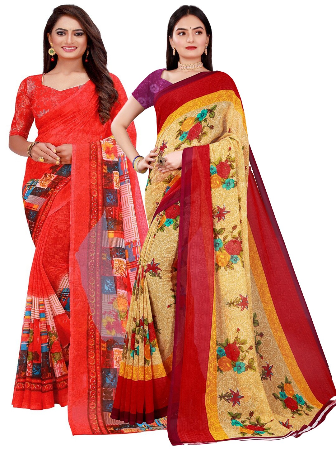 

Florence Beige & Red Set of 2 Pure Georgette Saree