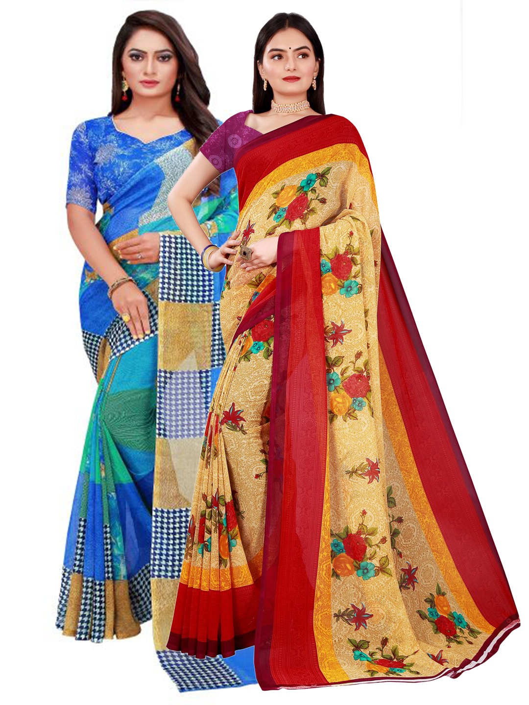

Florence Blue & Beige Set of 2 Pure Georgette Saree