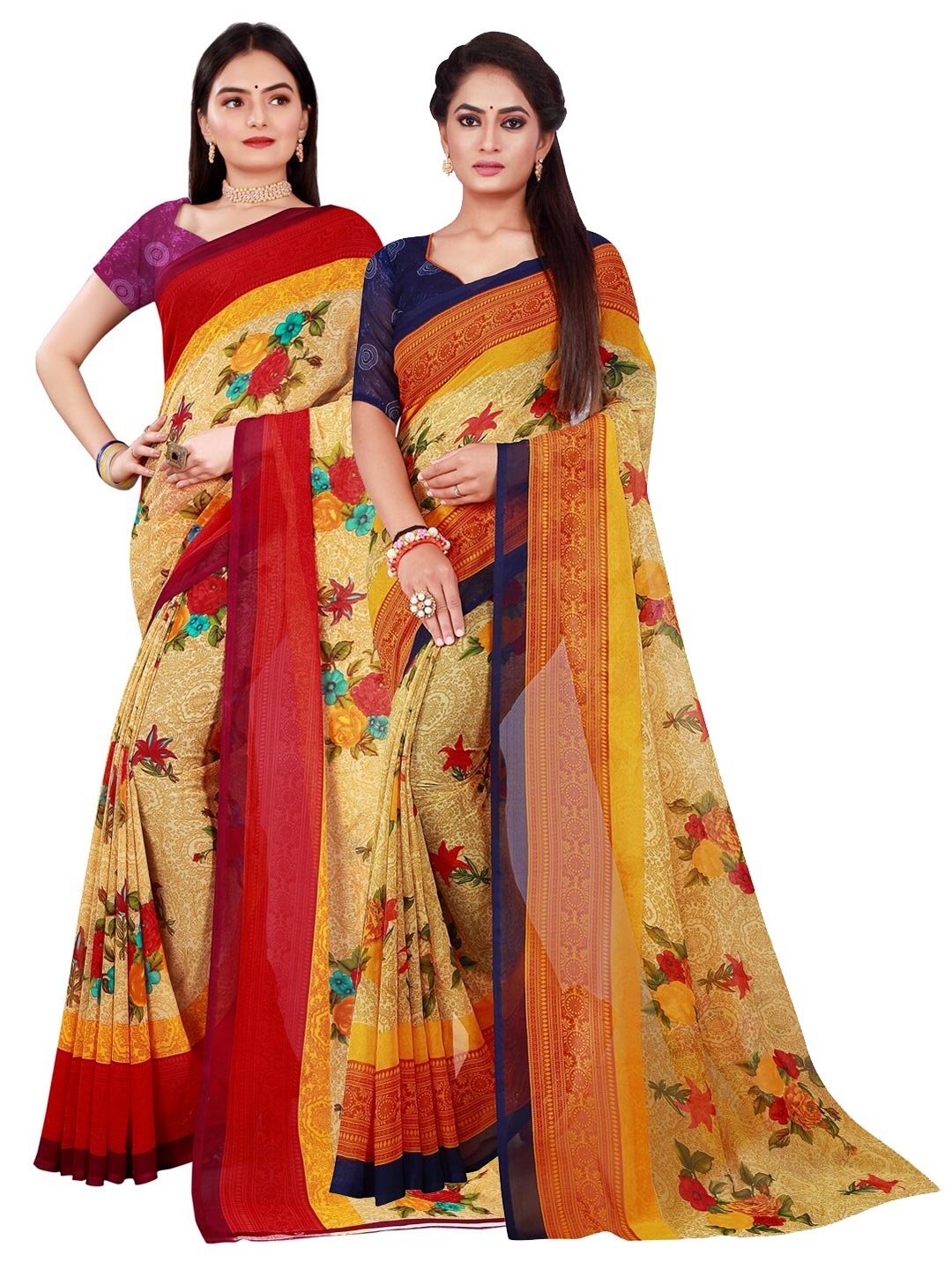 

Florence Beige & Red Set of 2 Pure Georgette Saree
