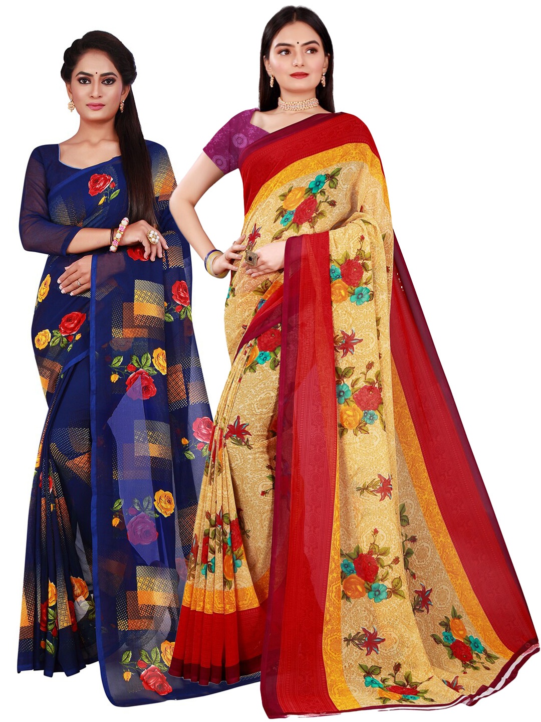 

Florence Beige & Blue Set of 2 Pure Georgette Saree