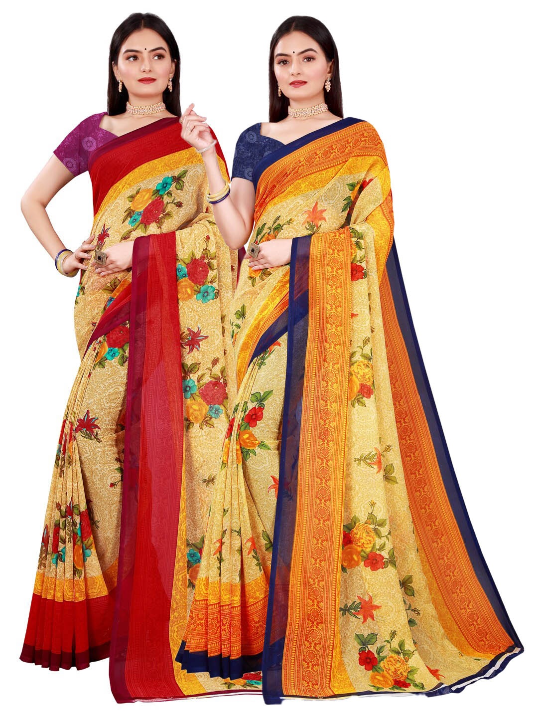 Florence Beige & Red Set of 2 Pure Georgette Saree