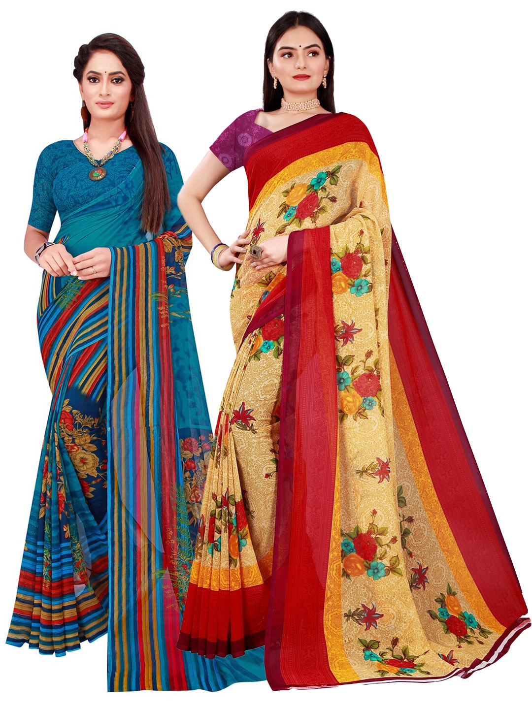 

Florence Beige & Blue Set of 2 Pure Georgette Saree