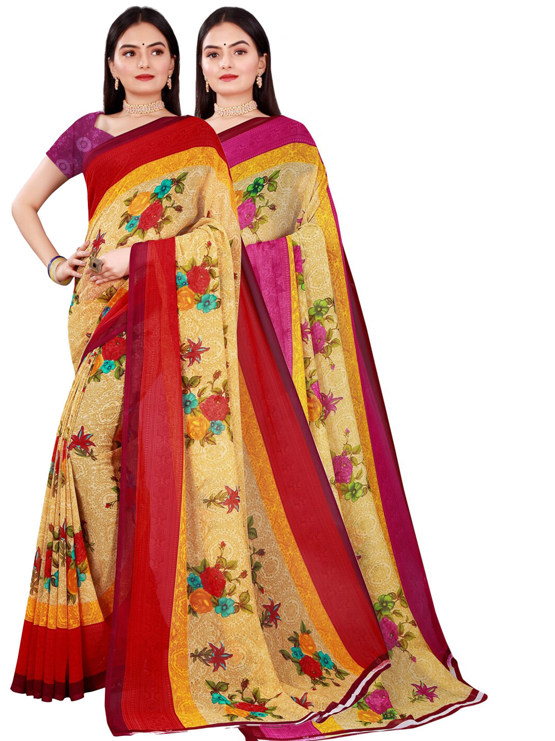 

Florence Beige & Pink Set of 2 Pure Georgette Saree