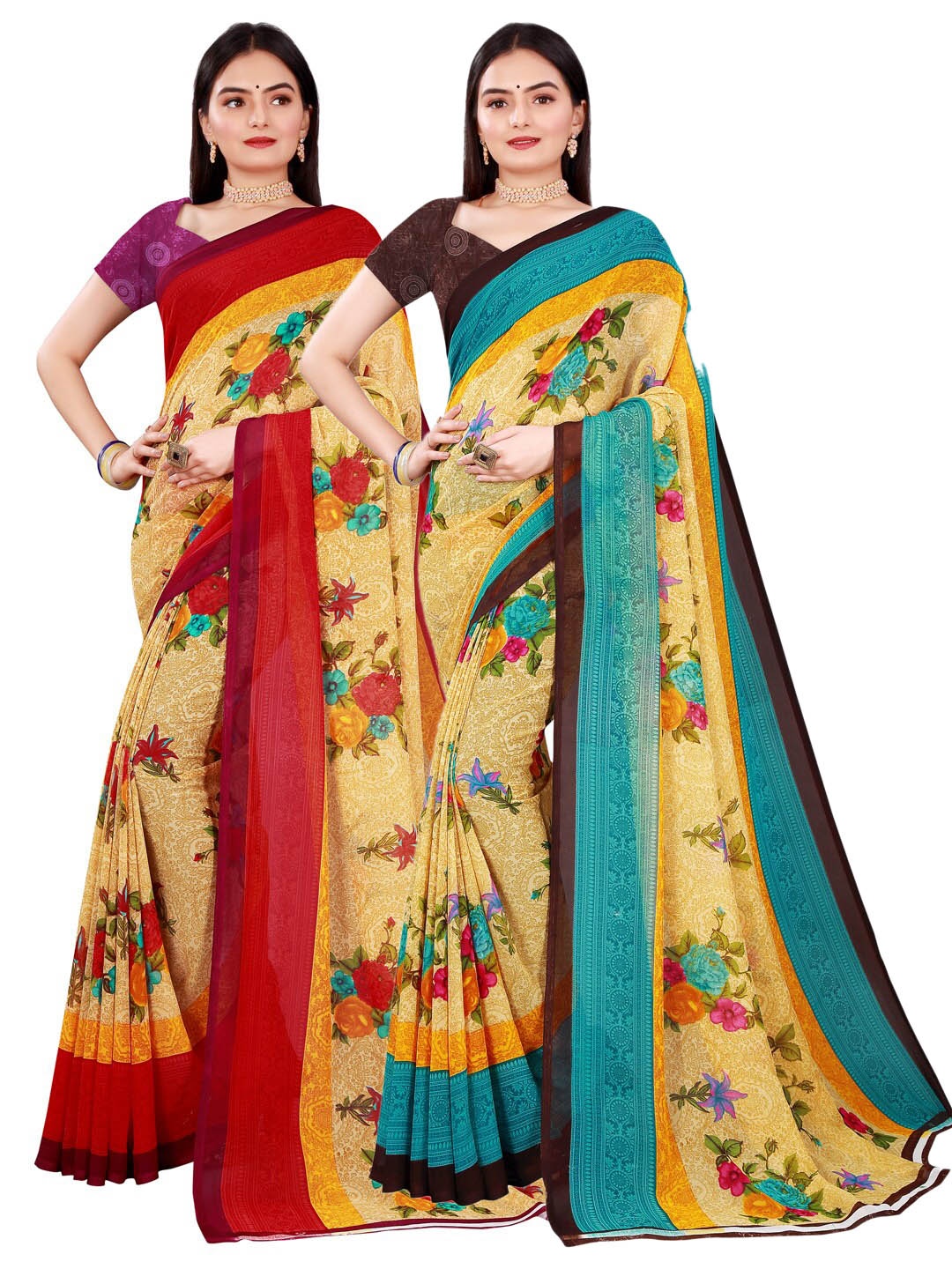 

Florence Beige & Blue Set of 2 Pure Georgette Saree